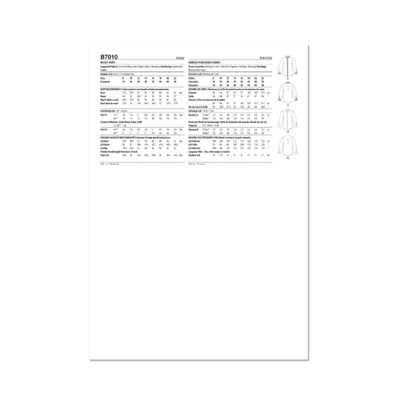 Butterick B7010 R12240 Sewing Pattern Shirt Blouse 8-16 Button Front Collar - Picture 2 of 3